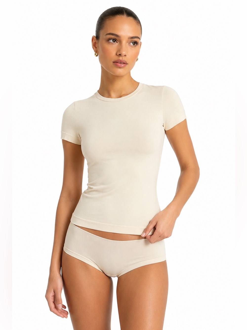 SKIMS Soft Smoothing Seamless T-Shirt Marble XXS Ivory Cream Stretch Crew Neck N